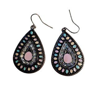 Teardrop Earrings With Pastel Stones & Rhinestones Boho Chic Design 2 Inches Met